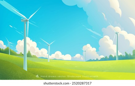 Ilustração ambiental pintada à mão Céu azul nuvens brancas grama turbinas eólicas