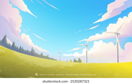 Ilustração ambiental pintada à mão Céu azul cor nuvens turbinas eólicas