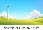 Hand painted environmental illustration of wind turbines in green space