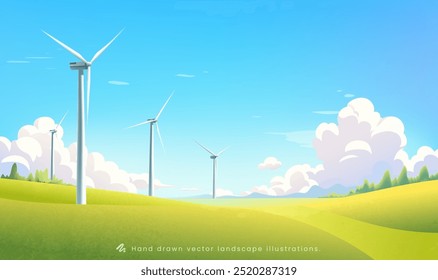 Ilustración ambiental pintada a mano de turbinas de viento en espacio verde