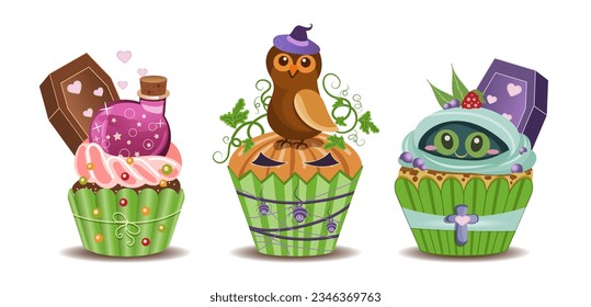 Hand painted festive Halloween cupcake set. Cream dessert, pumpkin, mummy, owl in hat, coffin, poison vial. Decorative design items on white background. Vector illustration drawing.