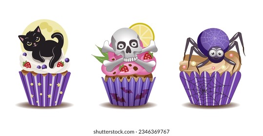 Hand painted festive Halloween cupcake set. Cream dessert, fruit, black cat, full moon, skull and bones, spider, spider web. Decorative design items on white background. Vector illustration drawing. 