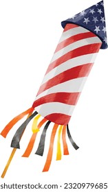 Hand painted  firework rocket  in USA flag watercolor brush paint isolate on white background.4th of July .Vector illustration 