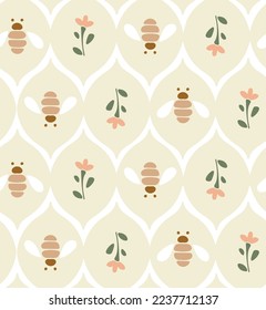 Hand painted floral beehive with bees and flowers in a neutral subtle color palette of cream yellow, beige, white, pink and green. Great for home decor, fabric, wallpaper, gift-wrap, stationery.
