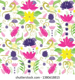 Hand painted floral damask in bright colors with layering and transparency effect. Fully editable vector seamless pattern. Great for wallpaper, home decor, stationery.