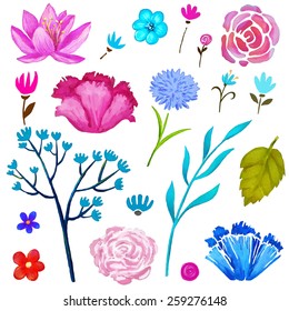 Hand painted floral watercolor set, different flowers and leaves isolated on a white background. Art design elements