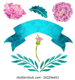 Hand Painted Floral Watercolor Set, And Ribbon. Various Flowers And Leaves Isolated On A White Background. Art Icon Design, Logo Elements