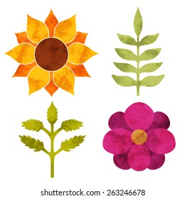Hand painted floral watercolor set, various flowers and leaves isolated on a white background. Art icon design, logo elements