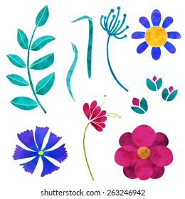 Hand painted floral watercolor set, various flowers and leaves isolated on a white background. Art icon design, logo elements