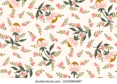 
Hand painted florals, leaves and sprigs forming a maximalist botanical pattern in colors of pink, yellow and green on off white background. Seamless vector pattern. Great for home decor, fabric, gift