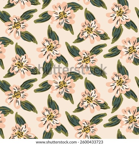Hand painted florals in spring time in color palette of pastel peach, yellow, off white, black and forest green on cream background. Easter seamless vector pattern. Great for home decor, fabric, gifts
