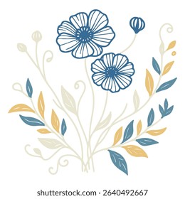 hand painted flower artwork with sketch leaf patterns.trendy floral drawing for product and fashion.minimal botanical design for printing

