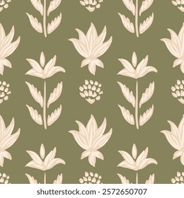 Hand painted flower motifs arranged vertically in an ethnic floral pattern. Subtle color palette of off white and cream on green background. A seamless vector pattern. Great for home decor, fabric.