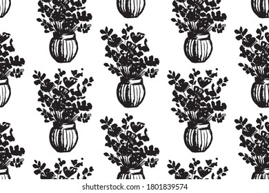 Hand painted flower vases in ink seamless vector pattern. Flower vases painted in black over white. Great for home decor, fabric, wallpaper, gift-wrap, stationery and packaging design projects.