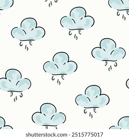 Nubes lluviosas, lindas y esponjosas pintadas a mano que forman un patrón abstracto en una paleta de colores de azul, azul claro, blanco y negro sobre un fondo blanquecino. Un patrón de Vector sin costuras. Ideal para la decoración del hogar.