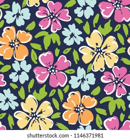Hand painted folk large scale floral vector seamless pattern on dark blue background. Stylized flowers. Colorful blooms