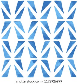 Hand painted geometric background with triangle shaped elements in blue. Seamless vector pattern
