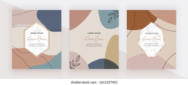 Hand painted geometric covers with modern neutral abstract artistic freehand shapes, marble frames. Trendy backgrounds for wallpaper, flyer, poster, card, invitations

