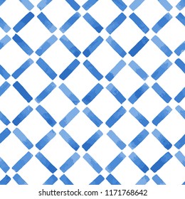 Hand painted geometric diagonal grid in blue. Seamless vector pattern