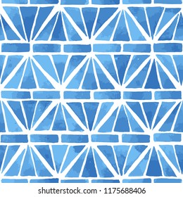 Hand painted geometric mosaic composition in blue. Stained glass imitation. Seamless vector pattern