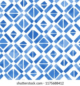 Hand painted geometric tile. Seamless vector pattern in blue
