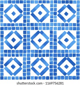 Hand painted geometric tile with square motif. Seamless vector pattern in blue