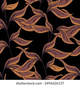 Hand painted golden botanical sheets seamless pattern. Vector deciduous background. Vintage golden plant natural elements on a black substrate. Wallpaper or packaging.