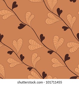Hand painted gorgeous abstract seamless pattern with stylized plants and hearts. Vector illustration. Seamless pattern can be used for wallpaper, pattern fills, web page background, surface textures.