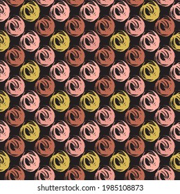 Hand painted grange texture. Ink geometric elements. Watercolor texture. Aquarelle spots with ink circles hand drawn with dry brush. Seamless pattern.