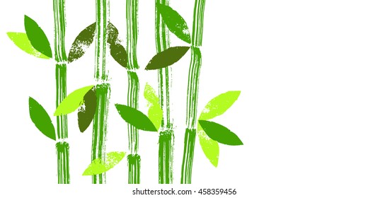 Hand painted green bamboo stems and leaves vector background