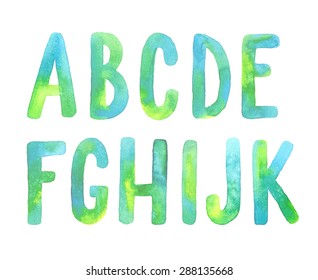 Hand Painted Green Watercolor Alphabet. Letters A-K.