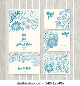 Hand painted greeting cards set with folk ethnic flowers, bright ornamental plants and branches. Spring or summer flowers for invitation, wedding or banners
