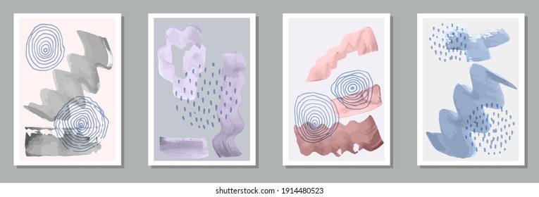 Handgemalte Grunge-Postkarten, Vektorgrafik. Aquarelltöne formen. Nordische Rahmen. Stilvolle Wandplakate. Doodle-Elemente.