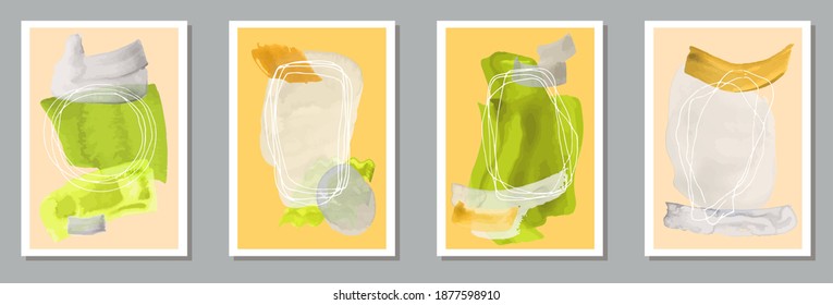 Hand painted grunge posters vector collection. Watercolor splashes texture. 20s style frames. Cool wall poster layouts. Doodle elements.