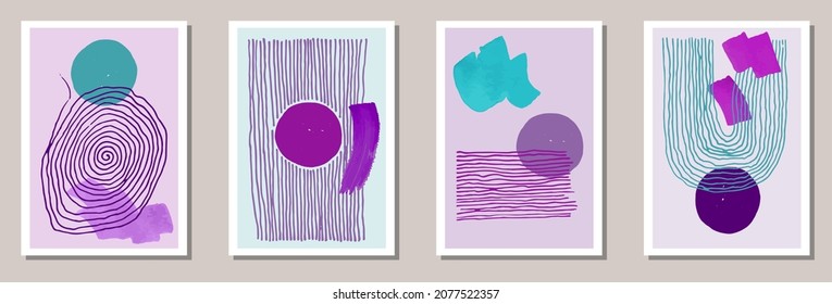 Hand painted grunge posters vector set. Watercolor splats shapes. Nordic style prints. Stylish artwork layouts. Doodle elements.