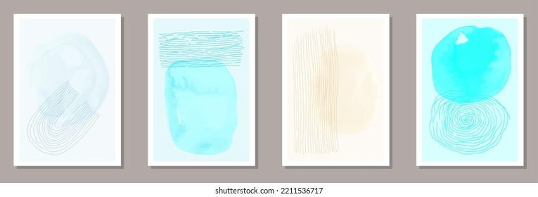 Hand painted grunge posters vector set. Watercolor splashes patterns. 20s style frames. Youth home decor layouts. Scribble elements.