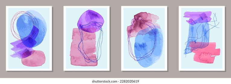 Colección vectorial de afiches grunge pintados a mano. Fondos de manchas de color agua. Marcos de estilo nórdico. Diseño artístico elegante. Elementos Doodle.