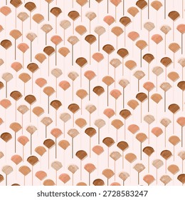 Piruletas en forma de concha pintadas a mano y rayadas formando un patrón de caramelos minimalista en colores marrón, crema y melocotón sobre rosa. Abstractas patrón de Vector sin costuras. Ideal para la decoración del hogar, tela, Fondo de pantalla, envoltura de regalo, papelería, proyectos de diseño de embalaje.