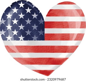 Forma de corazón pintada a mano Bandera de los Estados Unidos pintura de pincel de color de agua aislada sobre fondo blanco.4 de julio. Ilustración del vector 