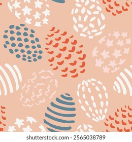 Hand painted hearts, dots, stars and lines looking like Easter eggs in red, blue, pink and white on peach background. Beautiful easter seamless vector pattern. Great for home decor, fabric, wallpaper.