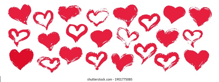 Hand painted hearts set for Valentine's Day, hand drawn with brush and ink, isolated on white background. Vector illustration.