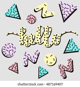 hand painted hello lettering. brush pen lettering. memphis style background