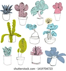 hand painted home plants in vector, bright color, unusual design