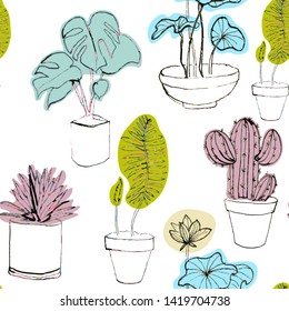 hand painted home plants in vector, bright color, unusual design