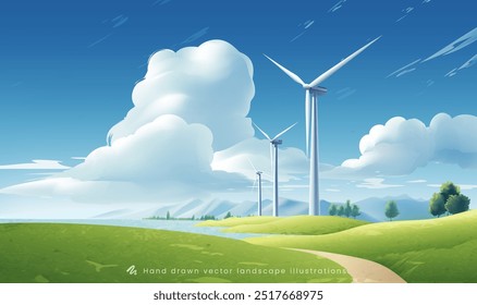 Hand gemalte horizontale Illustration einer Windturbine auf grünem Hangseeboden unter blauem Himmel