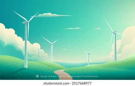 Handgemalte horizontale Illustration einer Windturbine auf grünem, erdblauem Meereshintergrund