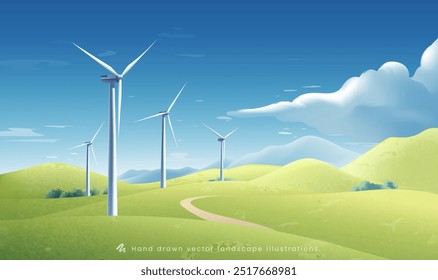 Handgemalte horizontale Illustration einer Windturbine auf einem grünen Hang unter blauem Himmel