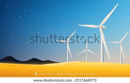 Hand painted horizontal illustration of a wind turbine on a yellow earth blue night sky background