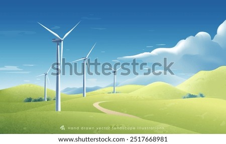 Hand painted horizontal illustration of a wind turbine on a green hillside under a blue sky