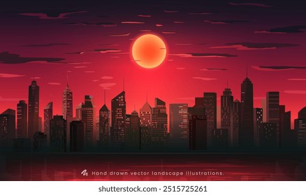 Hand painted horizontal landscape illustration Halloween city red sky and moon at night